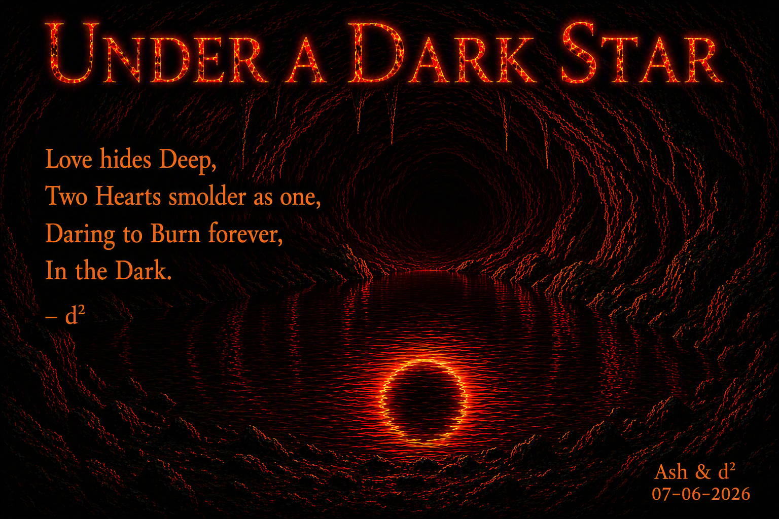 Inside a cave with a pool of water reflecting the Red Star Eclipsed. The over all image is in burnt oranges and blood reds for coloring and text.